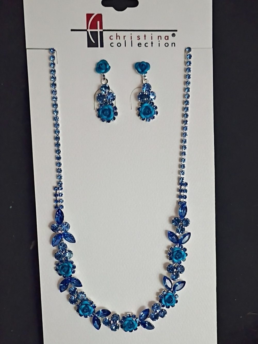 Blue Floral Crystal Necklace & Earring Set - Bright Blue